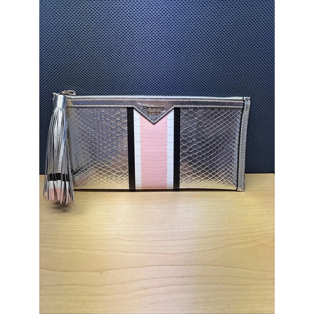 Victoria's Secret Silver and Pink Snakeskin clutch With Zipper and Tassel